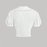 Blusa blanca de trabajo para mujeres con aplicacion de encaje hueco en la parte delantera, con lazo, ropa de regreso a la escuela, camisa para maestras