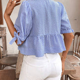 Frenchy Camisa de cuadros de manga corta con cuello redondo para mujeres con lazo en la parte delantera, dobladillo con volantes, suave y coa, elegante