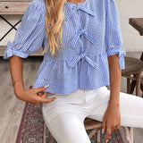 Frenchy Camisa de cuadros de manga corta con cuello redondo para mujeres con lazo en la parte delantera, dobladillo con volantes, suave y coa, elegante