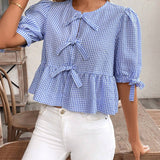 Frenchy Camisa de cuadros de manga corta con cuello redondo para mujeres con lazo en la parte delantera, dobladillo con volantes, suave y coa, elegante