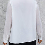 Prive Blusa blanca elegante de ajuste cenido de chifon con tetura, cuello de perlas decorativo, para uso laboral y diario, a grande, primavera otono