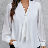 Prive Blusa blanca elegante de ajuste cenido de chifon con tetura, cuello de perlas decorativo, para uso laboral y diario, a grande, primavera otono