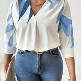 Camisa casual de a grande para mujer estilo chino en azul con media manga de hojas de sauce, para verano