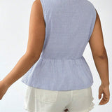 Blusa informal sin mangas casual con volantes en el dobladillo y lazo al frente a rayas para mujeres de a grande