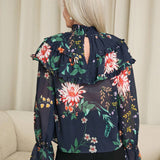 EMERY ROSE Blusa elegante holgada con volantes en el cuello y punos abombados, estampado floral para mujer primavera/verano