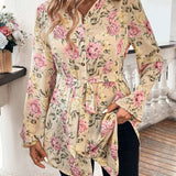 Camisa elegante de moda para mujer con estampado floral de hibisco con botones, manga larga y diseno con lazo a la cintura