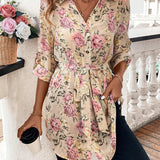 Camisa elegante de moda para mujer con estampado floral de hibisco con botones, manga larga y diseno con lazo a la cintura