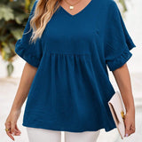 Blusa holgada de verano con cuello en V de un solo color y mangas cortas de murcielago