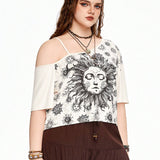 Hippie Blusa amplia estilo bohemio con diseno impreso de sol, luna y estrellas, a grande