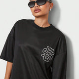 SUMWON WOMEN Camiseta de jersey oversize con hombros caidos y grafico