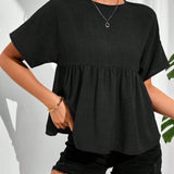 Blusa holgada de verano para mujer de unicolor, cuello redondo, manga corta