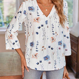 EMERY ROSE Blusa casual de manga larga con cuello en V y estampado floral para mujer