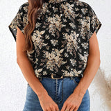 Blusa casual suelta y recta con cuello alto y espalda descubierta con estampado floral para mujer