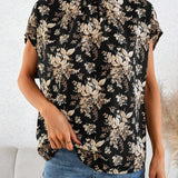 Blusa casual suelta y recta con cuello alto y espalda descubierta con estampado floral para mujer