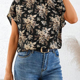 Blusa casual suelta y recta con cuello alto y espalda descubierta con estampado floral para mujer