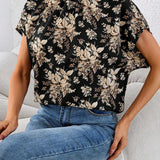 Blusa casual suelta y recta con cuello alto y espalda descubierta con estampado floral para mujer