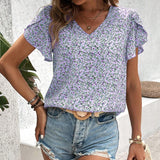 Blusa casual con escote en V, mangas con volantes y estampado floral diminuto para mujeres