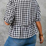 Camisa casual con dobladillo con volantes en estampado a cuadros para as grandes