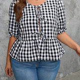 Camisa casual con dobladillo con volantes en estampado a cuadros para as grandes