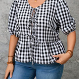 Camisa casual con dobladillo con volantes en estampado a cuadros para as grandes