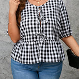 Camisa casual con dobladillo con volantes en estampado a cuadros para as grandes