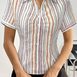 Blusa casual de manga corta con rayas de colores para mujer, verano