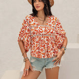 Rusttydustty Camisa corta casual de cuello cuadrado blanco bohemio para vacaciones