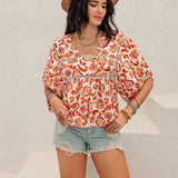 Rusttydustty Camisa corta casual de cuello cuadrado blanco bohemio para vacaciones