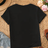 Camiseta casual de verano para mujer con cuello redondo, decoracion de rhinestones con letra y corazon