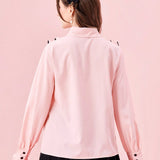 ROMWE Kawaii Blusa de manga larga con botones al frente, dobladillo con volantes y ribete de contraste, uso casual de todos los dias para mujeres