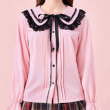 ROMWE Kawaii Blusa casual de manga larga con cierre de botones delanteros, cuello Peter Pan y panel de encaje