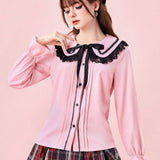 ROMWE Kawaii Blusa casual de manga larga con cierre de botones delanteros, cuello Peter Pan y panel de encaje