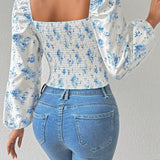 SHEIN Prive Blusa con estampado floral, manga de linterna y nudo delantero