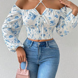 SHEIN Prive Blusa con estampado floral, manga de linterna y nudo delantero