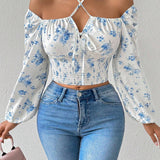 SHEIN Prive Blusa con estampado floral, manga de linterna y nudo delantero