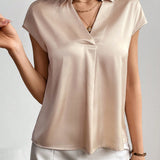 Prive Camisa coa de manga corta lisa y casual de a grande para mujer, con cuello de solapa y manga de solapa en color albaricoque