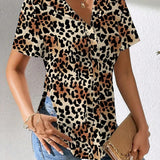 Blusa de manga corta con dobladillo asimetrico con estampado de leopardo para mujer