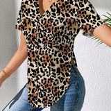 Blusa de manga corta con dobladillo asimetrico con estampado de leopardo para mujer