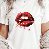 Camiseta De Manga Corta Con Estampado De Cerezas Y Labios Rojos Para Mujer