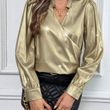 Blusa de mujer de unicolor dorado de tejido cruzado con cuello en V para primavera/verano o otono, manga larga, adecuada para la vida diaria y fiestas, estilo "Old Money", ropa de vuelta al colegio, ropa de maestra