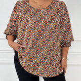 CURVE+ Blusa de a grande para mujer con mangas de linterna con estampado floral en toda la prenda