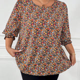 CURVE+ Blusa de a grande para mujer con mangas de linterna con estampado floral en toda la prenda