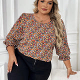 CURVE+ Blusa de a grande para mujer con mangas de linterna con estampado floral en toda la prenda