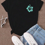 Camiseta de manga corta con estampado de flores y letras para mujeres