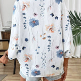 SHEIN LUNE Camisa casual floja con cuello en V y botones de mujer, con estampado romantico de plantas y flores y mangas murcielago, perfecta para vacaciones