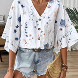 SHEIN LUNE Camisa casual floja con cuello en V y botones de mujer, con estampado romantico de plantas y flores y mangas murcielago, perfecta para vacaciones