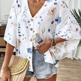 SHEIN LUNE Camisa casual floja con cuello en V y botones de mujer, con estampado romantico de plantas y flores y mangas murcielago, perfecta para vacaciones