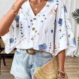 SHEIN LUNE Camisa casual floja con cuello en V y botones de mujer, con estampado romantico de plantas y flores y mangas murcielago, perfecta para vacaciones