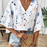 SHEIN LUNE Camisa casual floja con cuello en V y botones de mujer, con estampado romantico de plantas y flores y mangas murcielago, perfecta para vacaciones