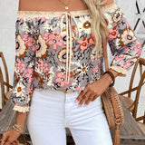 Blusa de vacaciones para mujer con hombros descubiertos, estampado de flores y patron de corte aleatorio